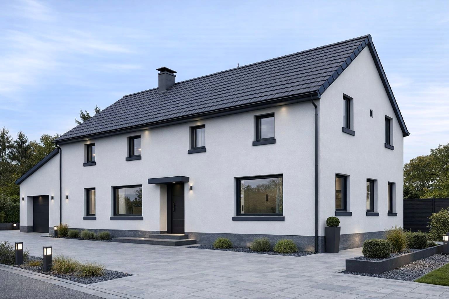 Witte woning met donkere kozijnen