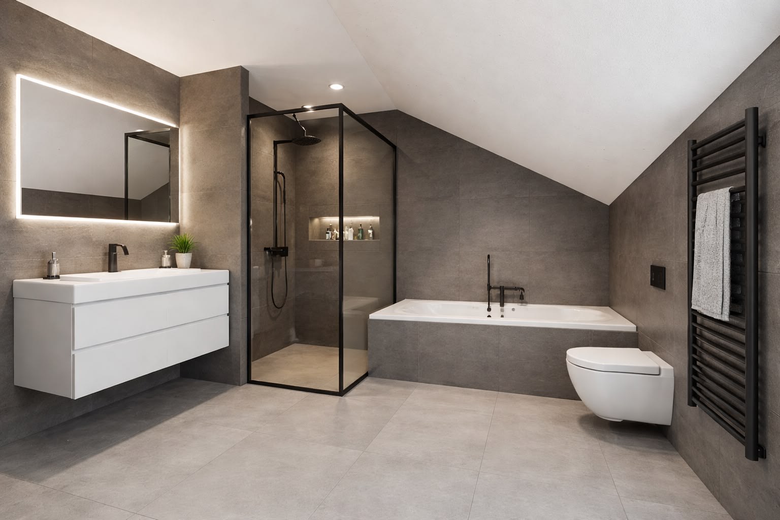 Ruime badkamer met inloopdouche, bad en wastafel